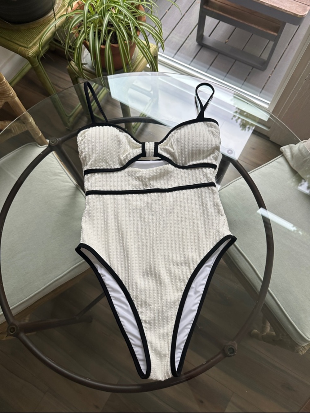 Textured Ivory One-Piece Swimsuit with Black Trim